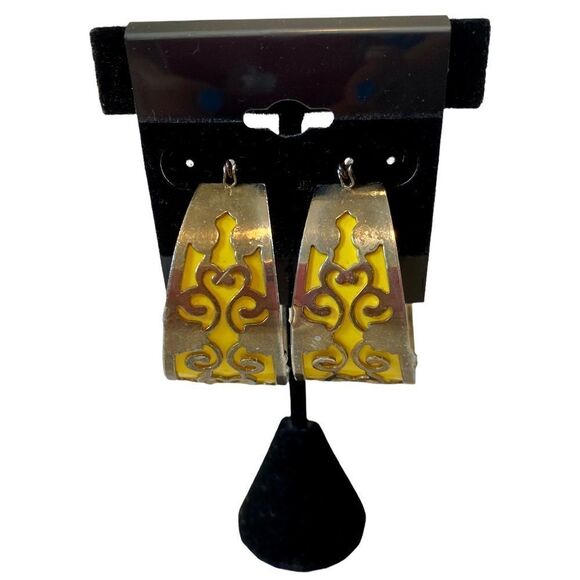 Super Funky Bright Yellow & Silver Toned Stencil Hoops. - Picture 2 of 7
